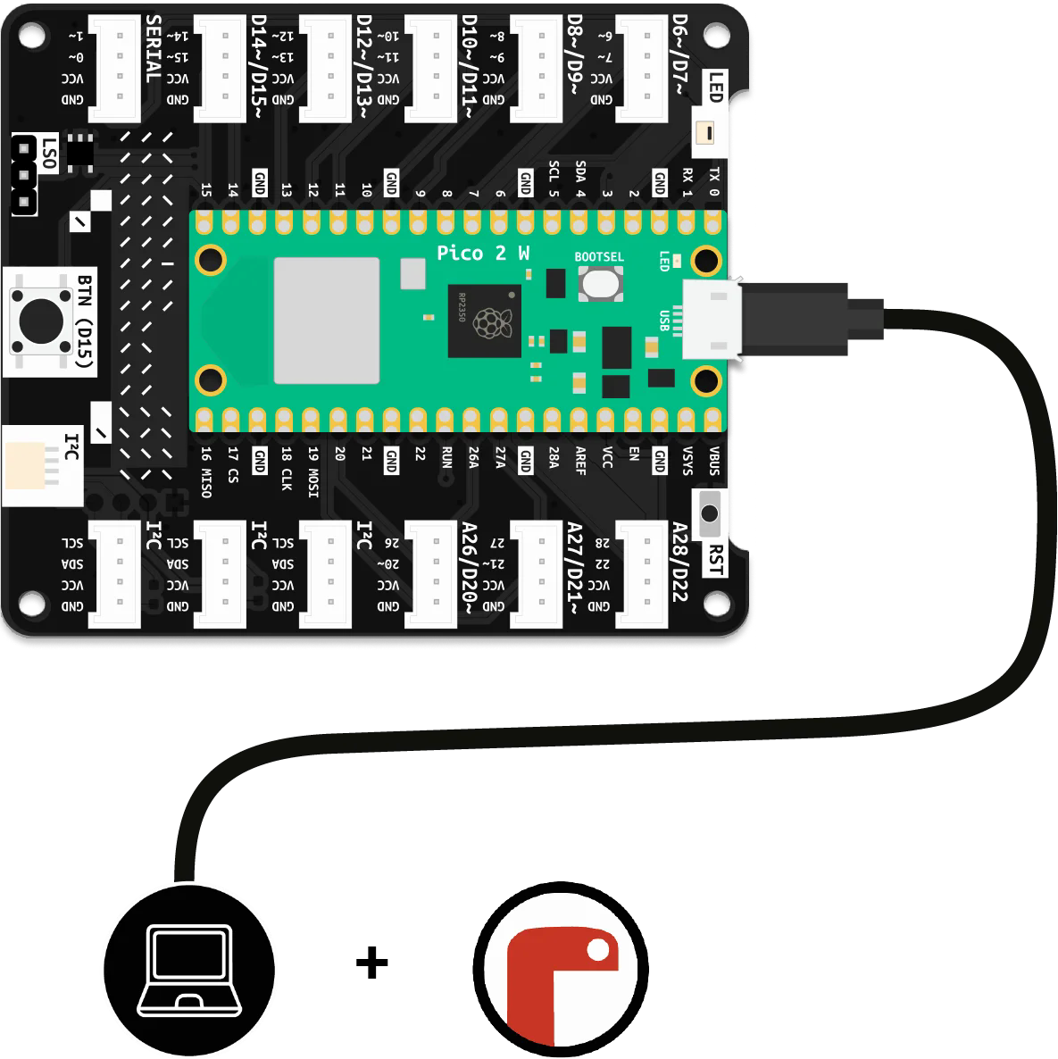 The Connected Interaction Kit board connected to a laptop over USB