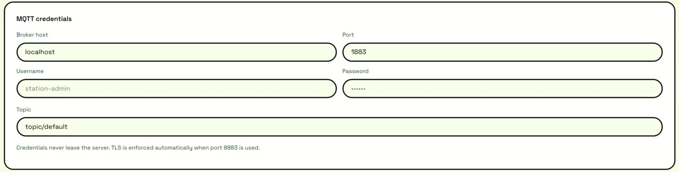The MQTT tab of the configuration studio with broker host, username, port, password and topic fields