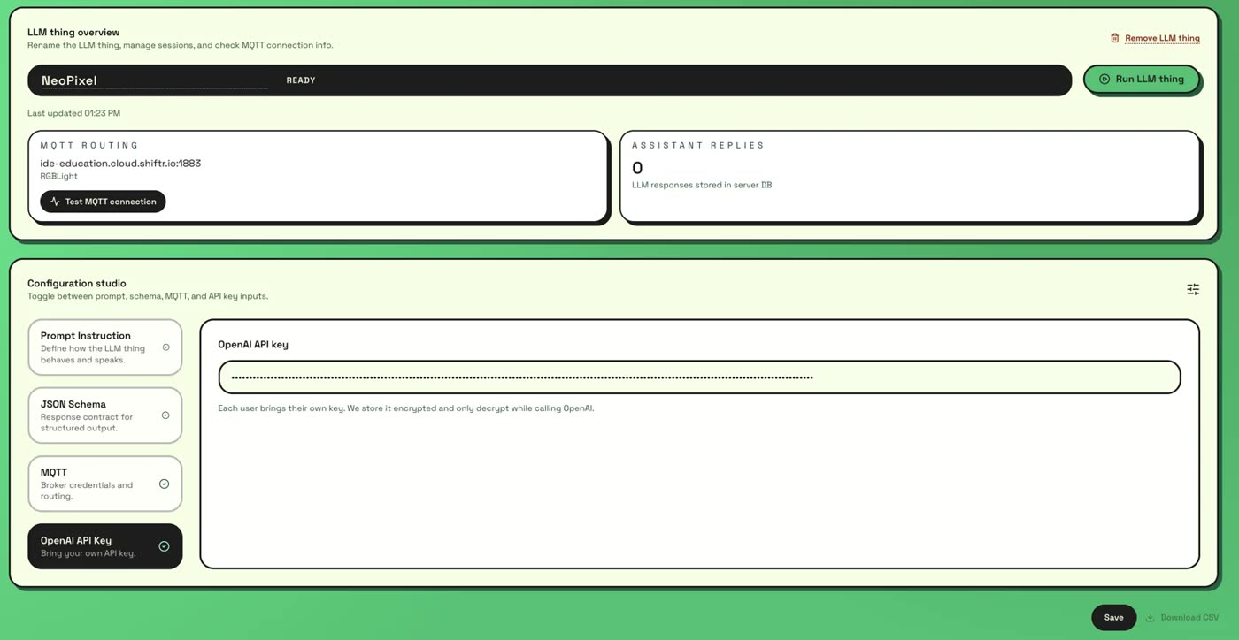 The configuration studio with the Run LLM thing button lit green