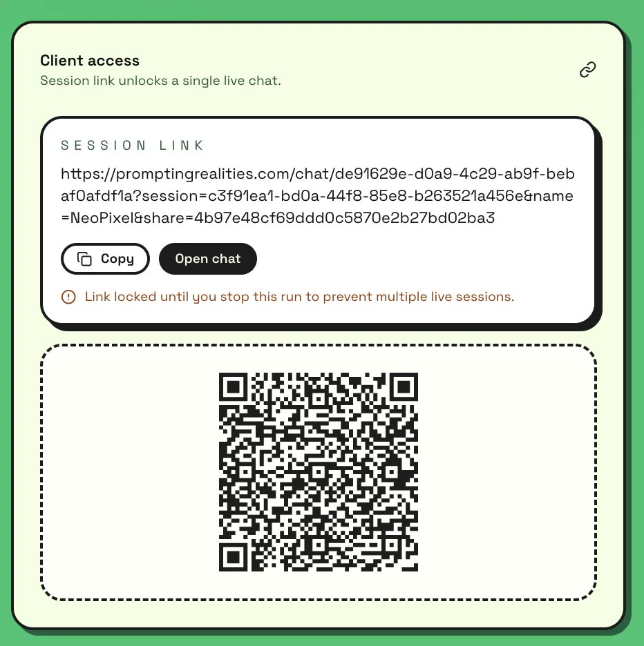 The client access panel showing the chat link and a QR code