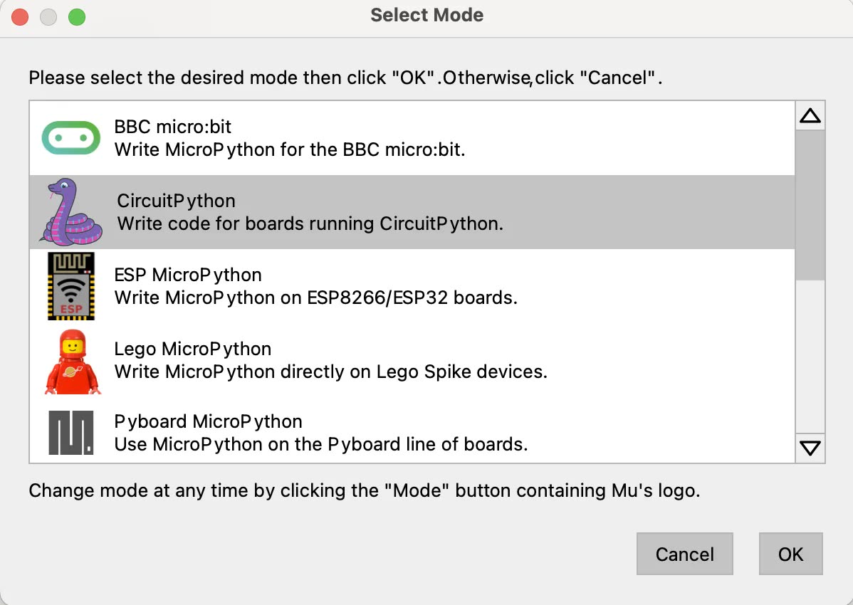 The Mu editor mode selection dialog with CircuitPython chosen