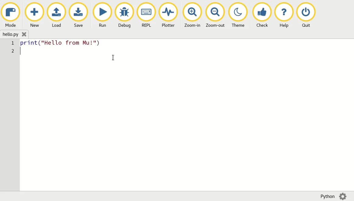 The Mu editor open and ready on the desktop