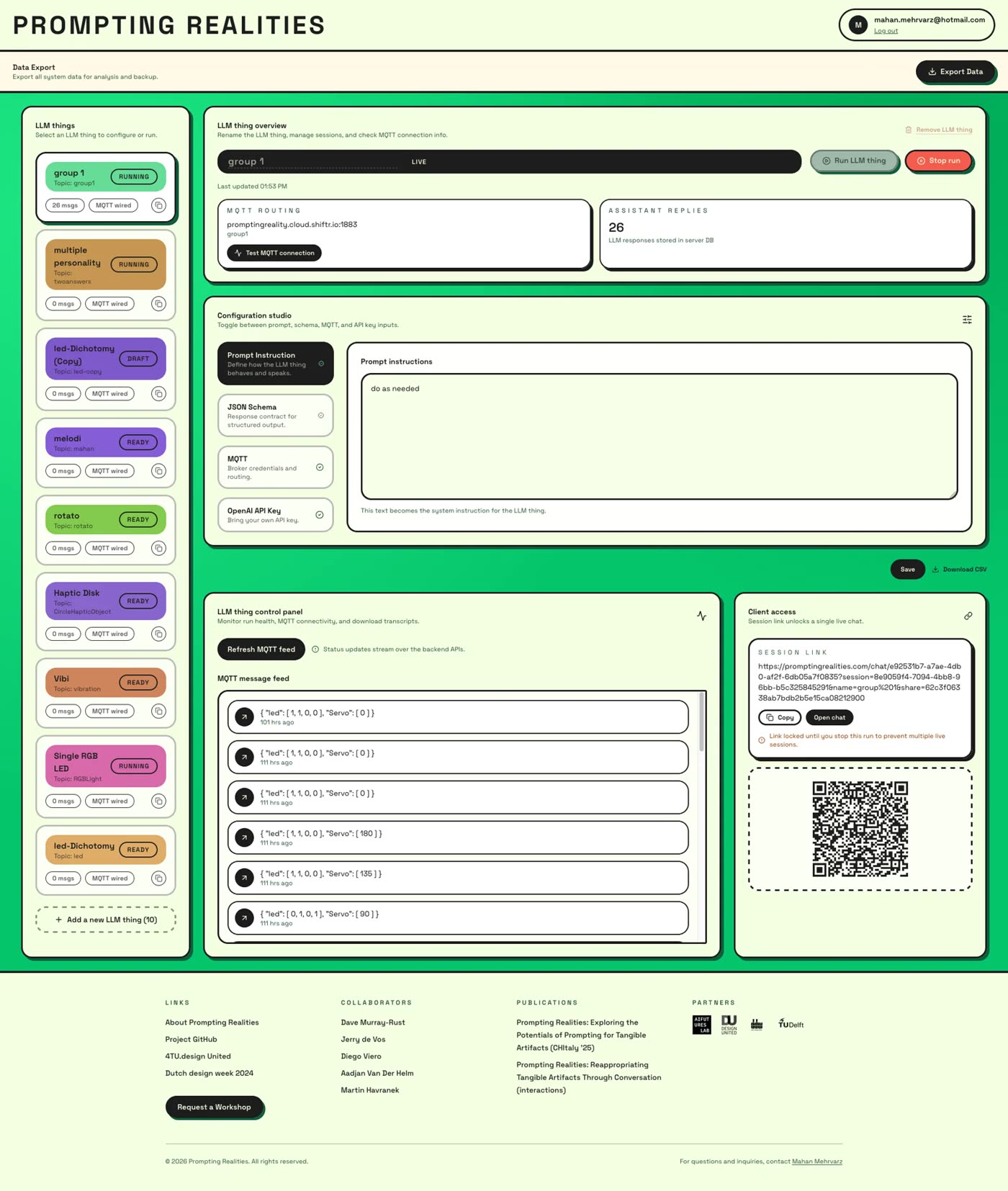 The Control Hub dashboard, with an LLM thing selected and its MQTT routing showing the broker host and topic